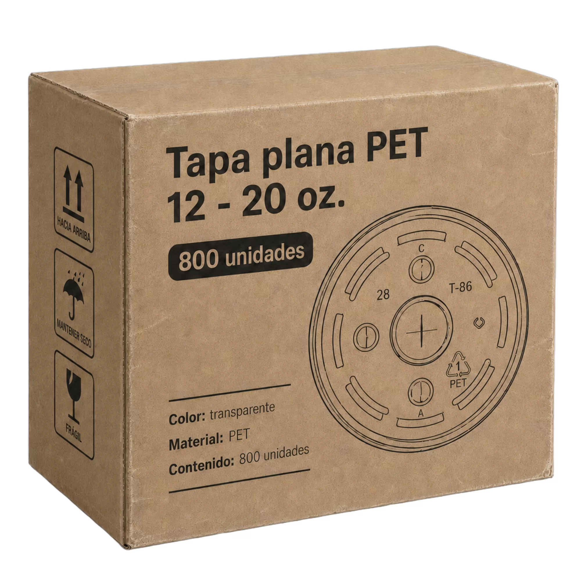 Tapa plana pet 12 - 20 oz. 800 unidades